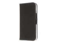 Insmat Exclusive - Lommebok for mobiltelefon - ekte skinn, termoplast-polyuretan (TPU), carton+paper+aluminum foil, bomullssting - svart - for Apple iPhone 13 650-3001
