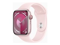 Apple Watch Series 9 (GPS + Cellular) - 45 mm - rosa aluminium - smartklokke med sportsbånd - fluorelastomer - lys rosa - båndbredde: M/L - 64 GB - Wi-Fi, Bluetooth, UWB, LTE - 4G - 39 g MRML3DH/A