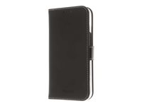 Insmat Exclusive - Lommebok for mobiltelefon - ekte skinn, termoplast-polyuretan (TPU), carton+paper+aluminum foil, bomullssting - svart - for Apple iPhone 13 mini 650-3000