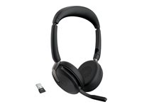 Jabra Evolve2 65 Flex UC Stereo - Hodesett - on-ear - Bluetooth - trådløs - aktiv støydemping - USB-A - svart - med trådløs ladepute - Optimert for UC 26699-989-989