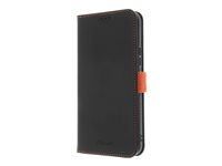 Insmat Flip Case - Lommebok for mobiltelefon - ekte skinn, termoplast-polyuretan (TPU), kartong+papir+aluminiumsfolie - svart / oransje - for Samsung Galaxy A34 5G 650-3145