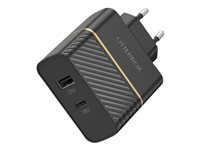 OtterBox Wall Charger - Strømadapter - 30 watt - 3 A - PD 3.0, USB BC 1.2 - 2 utgangskontakter (USB, 24 pin USB-C) - svart glimt - Europa 78-52723