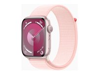 Apple Watch Series 9 (GPS) - 45 mm - rosa aluminium - smartklokke med sportssløyfe - myk dobbeltlagsnylon - lys rosa - 64 GB - Wi-Fi, Bluetooth, UWB - 38.7 g MR9J3DH/A