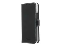 Insmat Exclusive Flip Case - Lommebok for mobiltelefon - ekte skinn, papir, kartong, polykarbonat, aluminiumsfolie - svart - for Apple iPhone 12 mini 650-2878