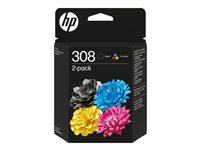 HP 308 - 2-pack - svart, cyan, magenta, gul - original - boks - blekkpatron 6L6S6UE#301