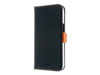 Insmat Exclusive - Lommebok for mobiltelefon - ekte skinn, polykarbonat, kartong+papir+aluminiumsfolie - svart, oransje - for Apple iPhone 15 650-3192