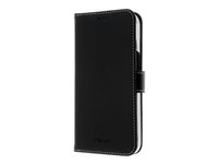 Insmat Exclusive - Lommebok for mobiltelefon - ekte skinn, polykarbonat, kartong+papir+aluminiumsfolie, bomullssting - svart - for Apple iPhone 15 650-3184