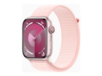 Apple Watch Series 9 (GPS + Cellular) - 45 mm - rosa aluminium - smartklokke med sportssløyfe - myk dobbeltlagsnylon - lys rosa - 64 GB - Wi-Fi, Bluetooth, UWB, LTE - 4G - 39 g MRMM3DH/A