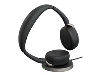 Jabra Evolve2 65 Flex UC Stereo - Hodesett - on-ear - Bluetooth - trådløs - aktiv støydemping - USB-C - svart - med trådløs ladepute - Optimert for UC 26699-989-889