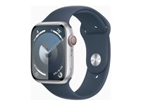 Apple Watch Series 9 (GPS + Cellular) - 45 mm - sølvaluminium - smartklokke med sportsbånd - fluorelastomer - stormblå - båndbredde: S/M - 64 GB - Wi-Fi, Bluetooth, UWB, LTE - 4G - 39 g MRMG3DH/A