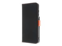 Insmat Flip Case - Lommebok for mobiltelefon - ekte skinn, termoplast-polyuretan (TPU), kartong+papir+aluminiumsfolie, bomullssting - svart / oransje - for Samsung Galaxy S21 FE 5G 650-3035