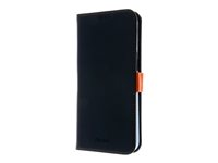 Insmat Exclusive - Lommebok for mobiltelefon - ekte skinn, polykarbonat, kartong+papir+aluminiumsfolie, bomullssting - svart / oransje - for Apple iPhone 15 Pro Max 650-3195