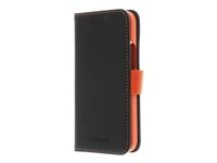 Insmat Exclusive Flip Case - Lommebok for mobiltelefon - ekte skinn, polykarbonat, bomullssting, kartong+papir - black & orange - for Apple iPhone 14 650-3101