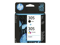 HP 305 - 2-pack - svart, farge (cyan, magenta, gul) - original - blister - blekkpatron - for Deskjet 23XX, 27XX, 28XX, 41XX, 42XX; DeskJet Plus 41XX; ENVY 60XX, 64XX; ENVY Pro 64XX 6ZD17AE#301