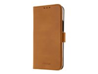 Insmat Exclusive Flip Case - Lommebok for mobiltelefon - ekte skinn, polykarbonat, bomullssting, kartong+papir - brun - for Apple iPhone 14 Pro 650-3115