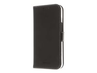 Insmat Exclusive - Lommebok for mobiltelefon - ekte skinn, polykarbonat, bomullssting, kartong+papir - svart - for Apple iPhone 14 Plus 650-3105