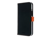 Insmat Exclusive - Lommebok for mobiltelefon - ekte skinn, polykarbonat, kartong+papir+aluminiumsfolie, bomullssting - svart / oransje - for Apple iPhone 15 Plus 650-3193